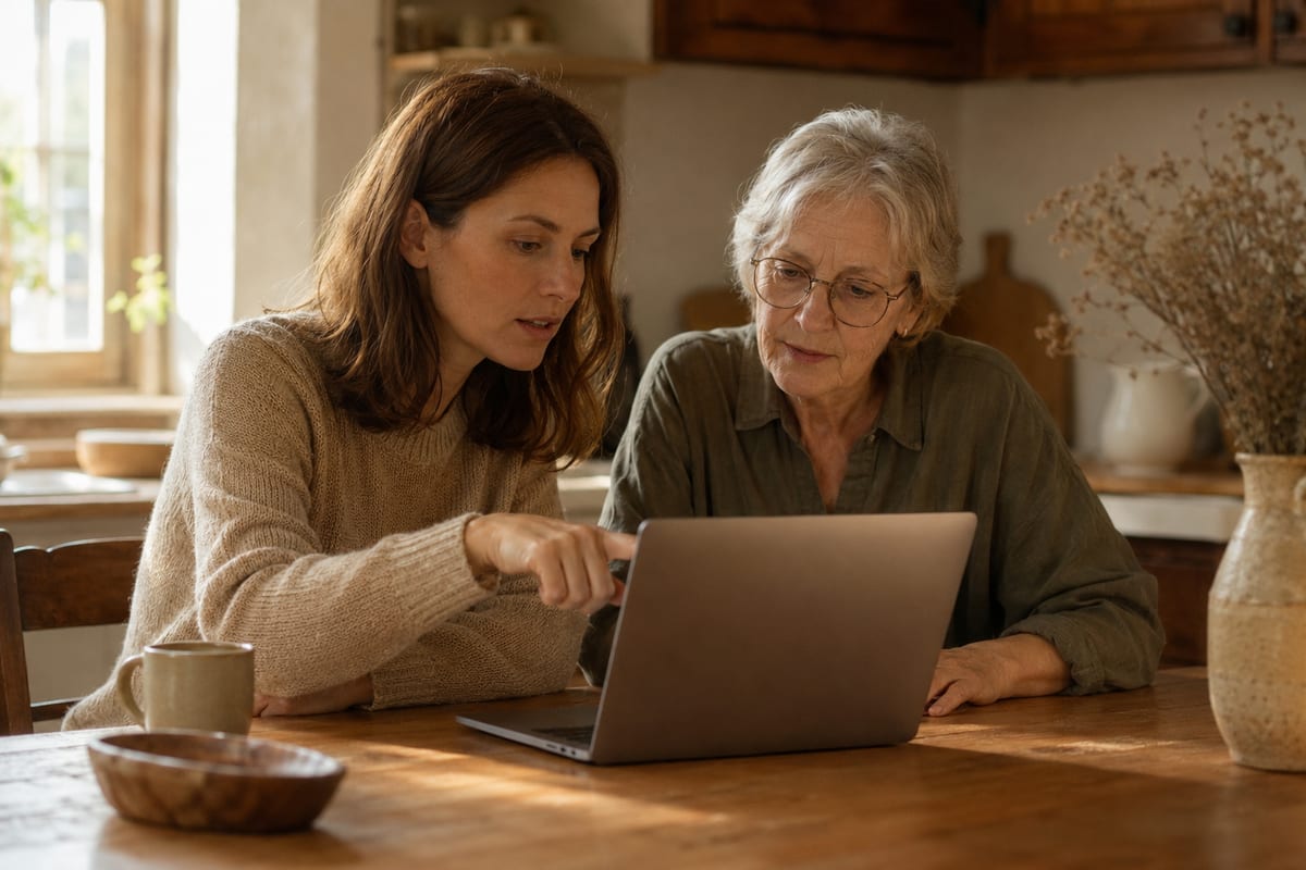Zwei Personen sitzen gemeinsam am Laptop und besprechen die nächsten Schritte